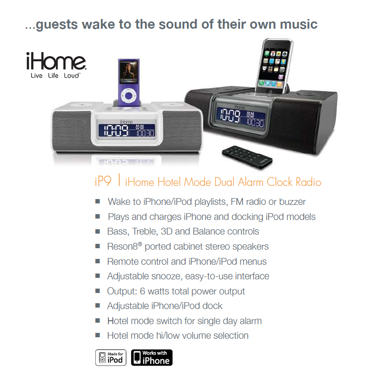 iHome iP90 and iP9 TA9100BK Hotel Mode Dual Alarm Clock Radio