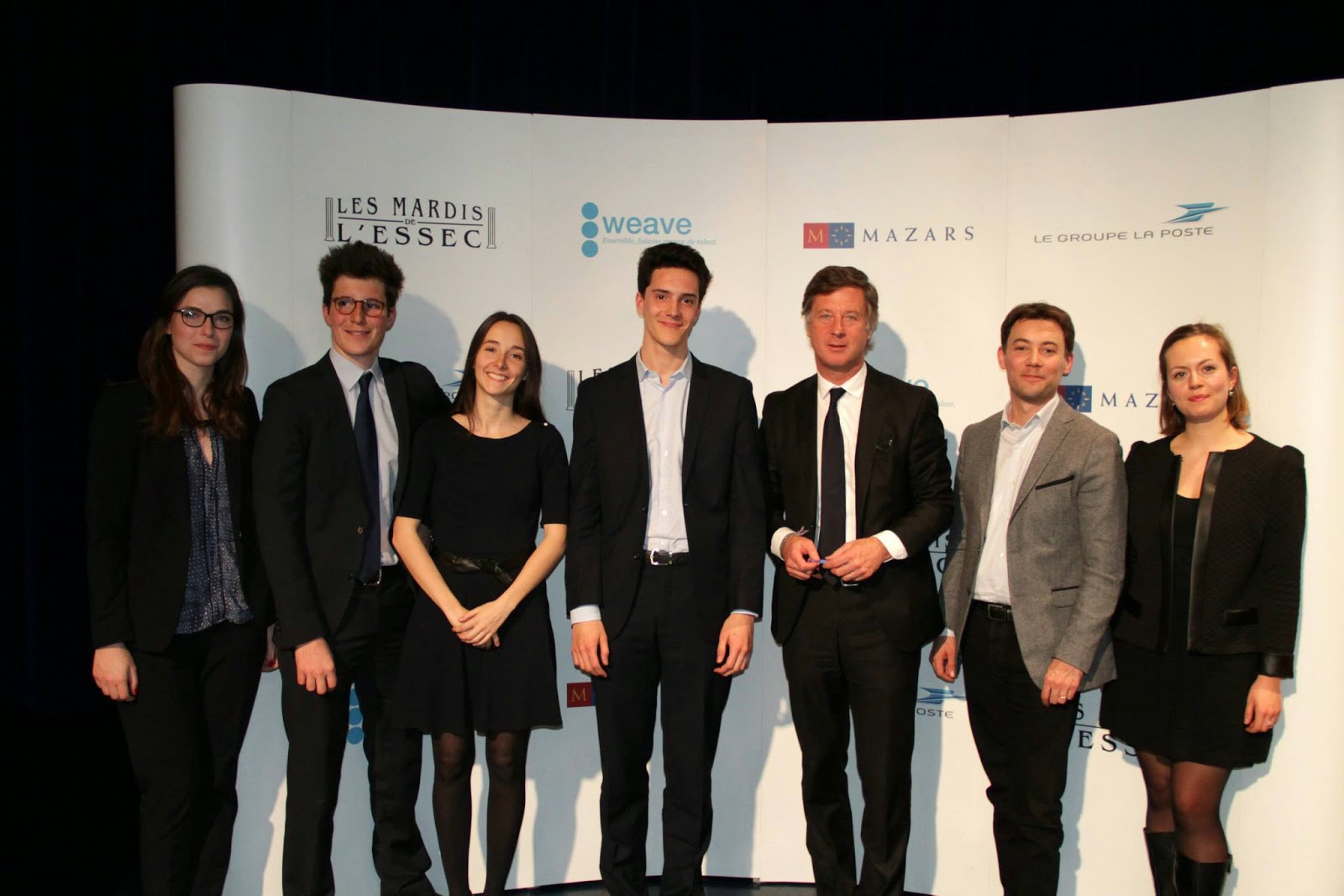 (left to right: Juliette Hebenstreit (E16), Louis Béal (E15), Alice Boucher (E17), Armand Peugeot (E17), Sébastien Bazin, Olivier Grémillon, Clara Vilarem (E15))— Photo by Les Mardis de l'ESSEC