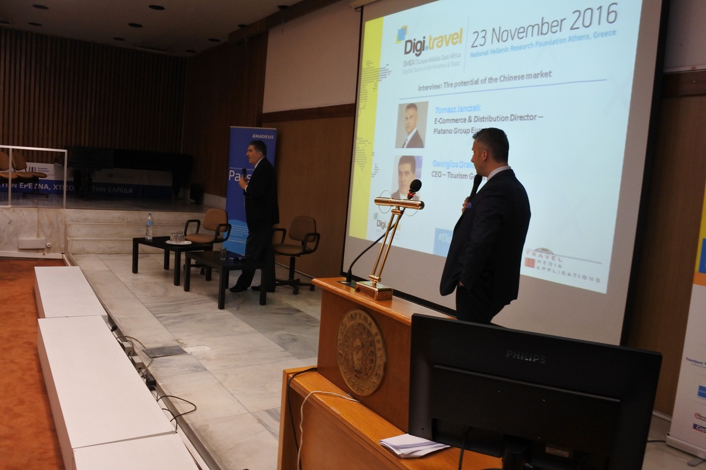 At left the President and CEO of Tourism Generis, George Drakopoulos with Plateno Group's Tomasz Janczak (right) in a panel brainstorming session at Digi.travel Athens — Photo by Hospitality Net