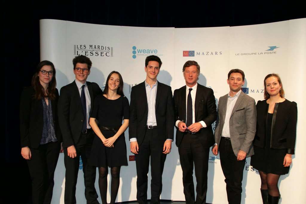 (left to right: Juliette Hebenstreit (E16), Louis Béal (E15), Alice Boucher (E17), Armand Peugeot (E17), Sébastien Bazin, Olivier Grémillon, Clara Vilarem (E15))— Photo by Les Mardis de l'ESSEC