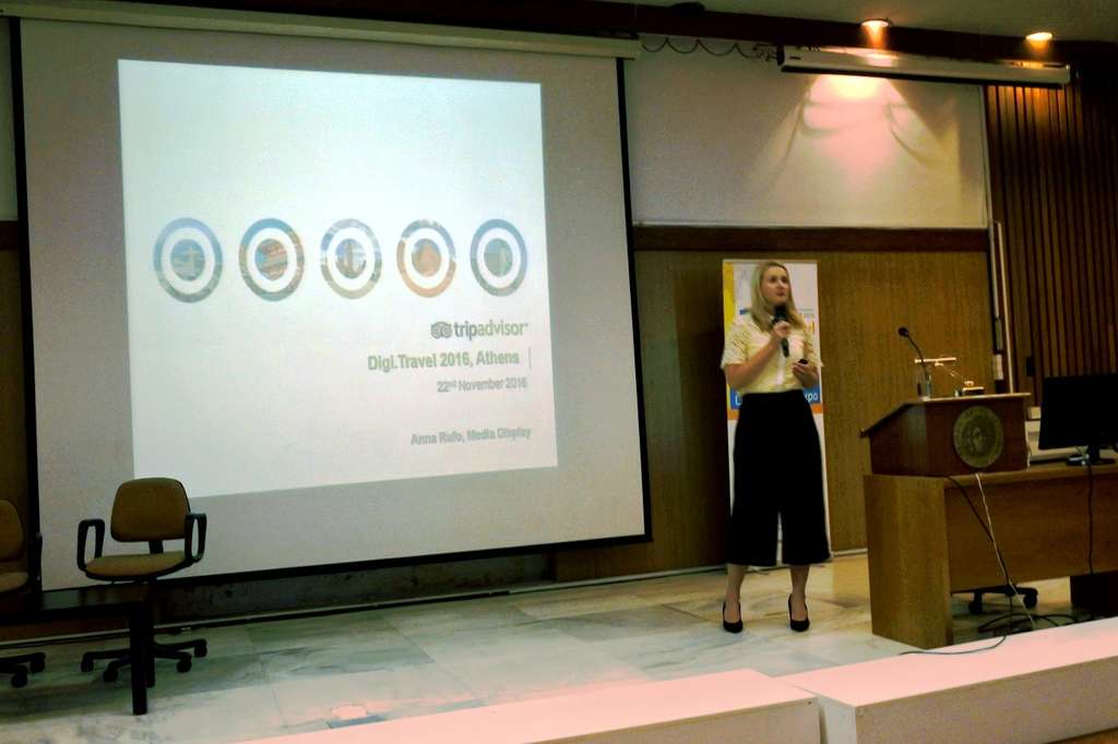 TripAdvisor's Anna Rufo discusses her company's value as a sales and marketing tool to the Digi.travel audience in Athens — Photo by Hospitality Net