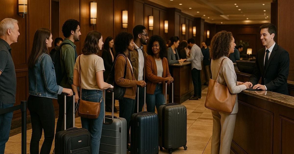 Crowded hotel lobby with frustrated travelers during a computer system outage