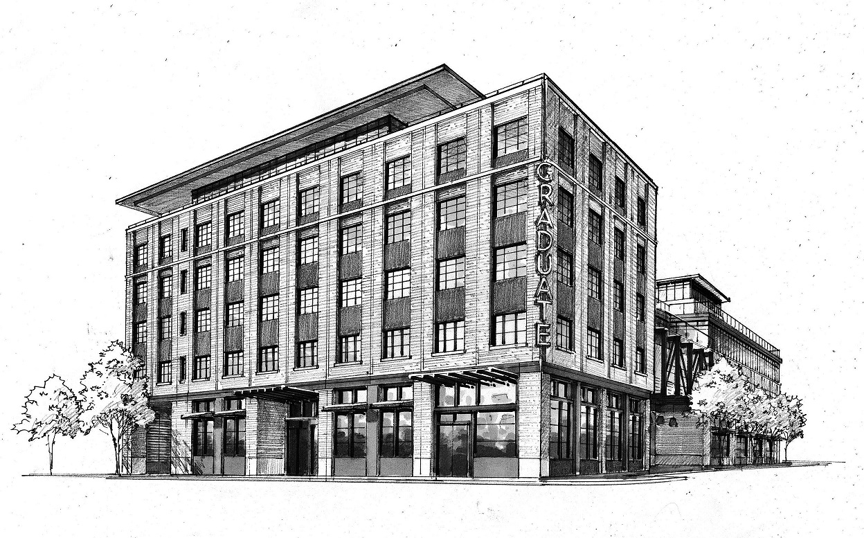 The six-story, 150-room ground-up hotel development, opening in late 2018, is located on Kirkwood Avenue
between Washington and Lincoln Streets, just steps away from Indiana University’s Sample Gates. Graduate
Bloomington offers approximately 8,500 square feet of indoor and outdoor meeting and event space, 5,500 square
feet of ground-floor retail space, a fitness center and corner cafe, the ideal destination for IU visitors, business and
leisure travelers, and locals alike.
— Photo by AJ Capital Partners