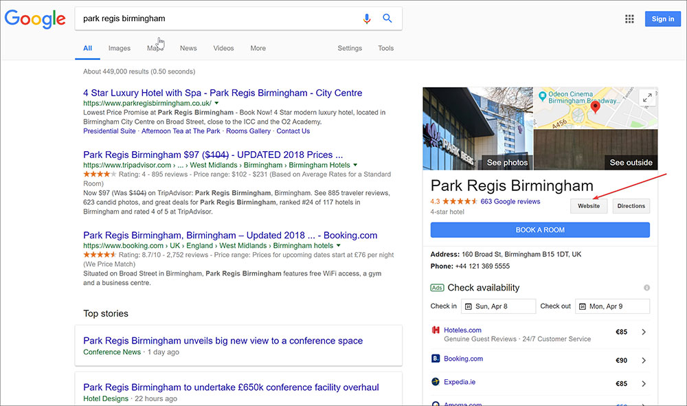 The website link from Park Regis Birmingham’s Google business listing, responsible for a large percentage of organic search traffic
— Photo by Pegasus