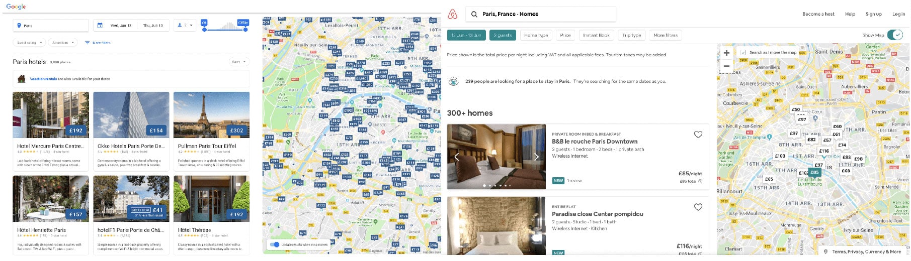 Google's search experience (left) compared to Airbnb's (right) — Photo by Triptease