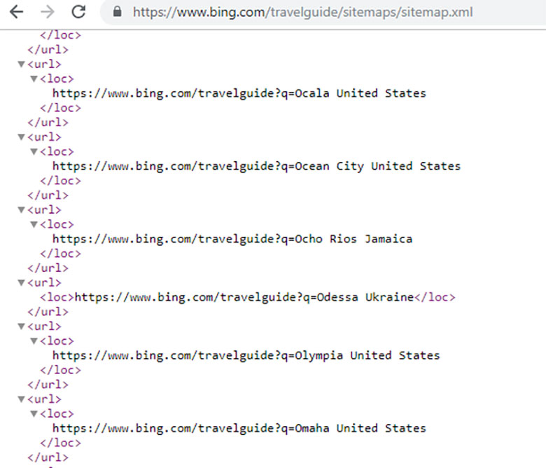 Screenshot showing a part of the travel guide XML sitemap on the Bing website— Photo by Matt Tutt Digital Marketing