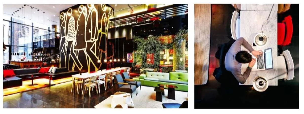 Figure 6 - CitizenM New York Lobby and Figure 7 - CitizenM New York Workstations— Photo by Source: www.citizenm.com