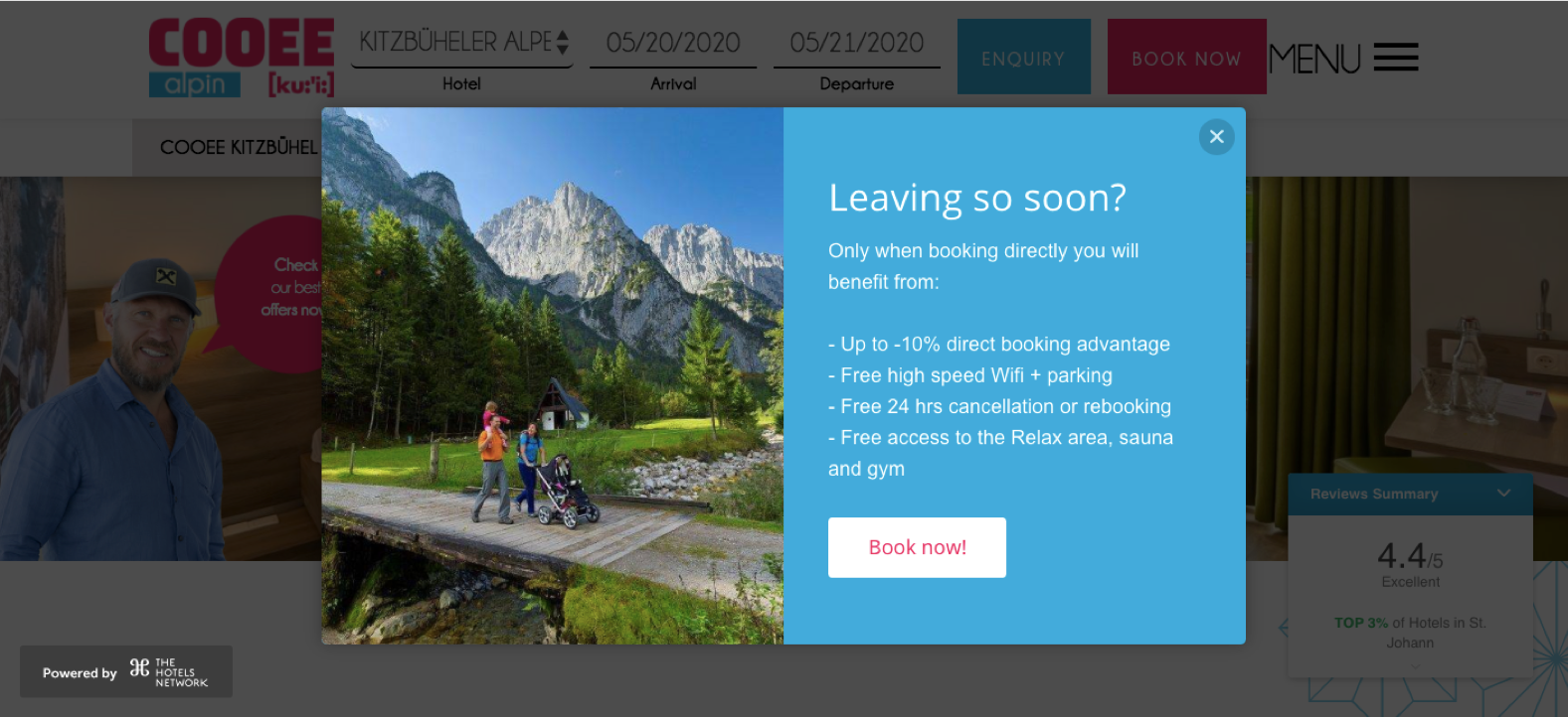 Exit Intent highlighting direct booking benefits — Photo by The Hotels Network