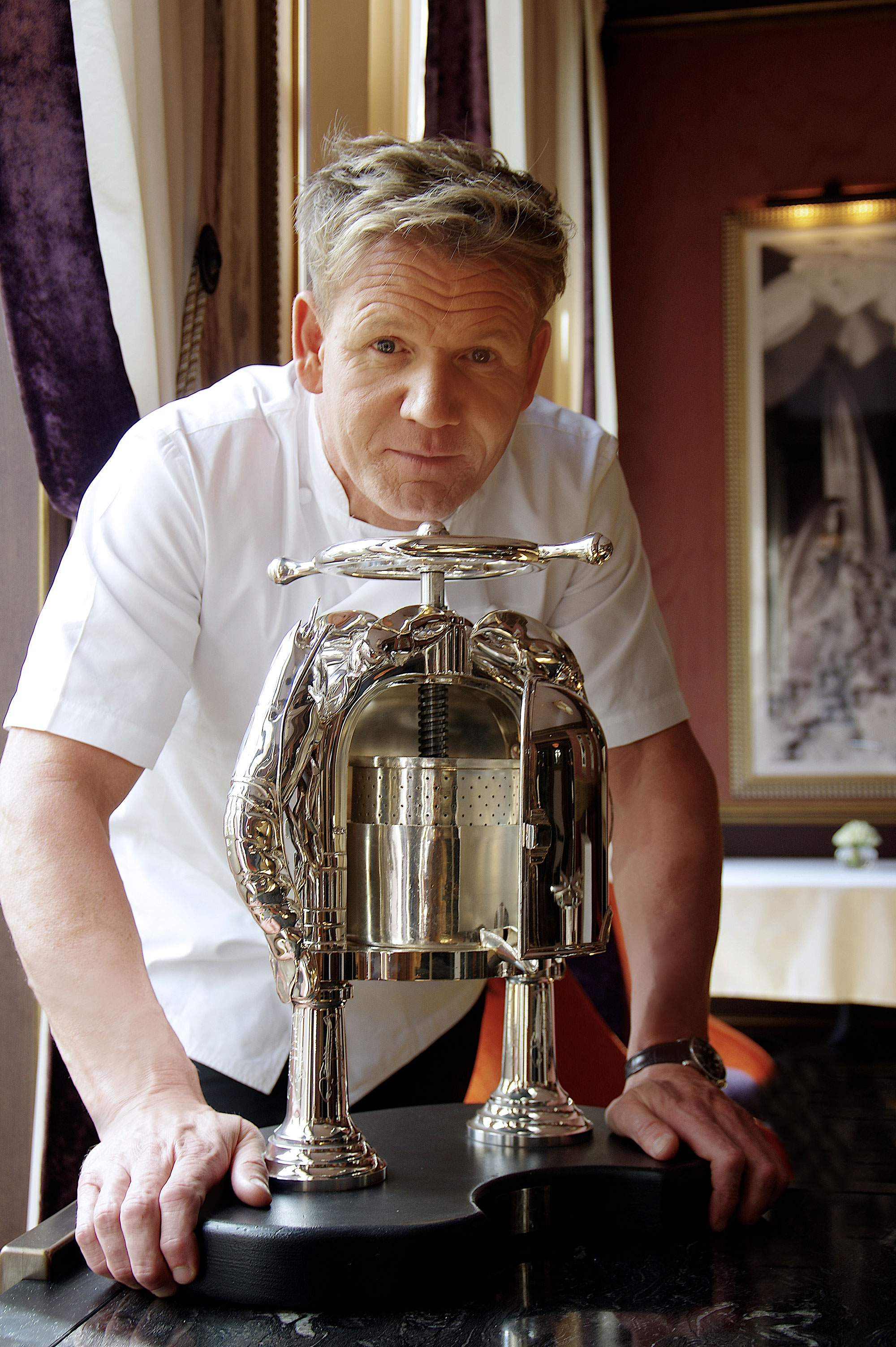 A rare Christofle solid silver lobster press is the centrepiece at two Michelin-starred Le Pressoir d’Argent Gordon Ramsey.— Photo by IHG