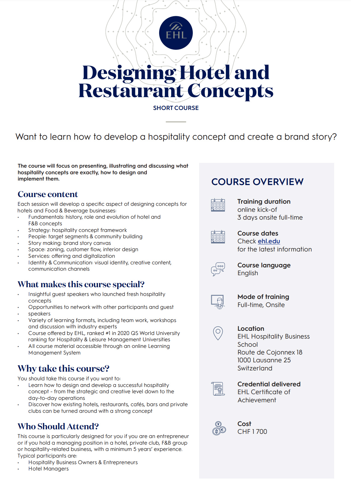 3-day short course at EHL Hospitality Business School: Hotel and Restaurant Concept Design — Photo by EHL