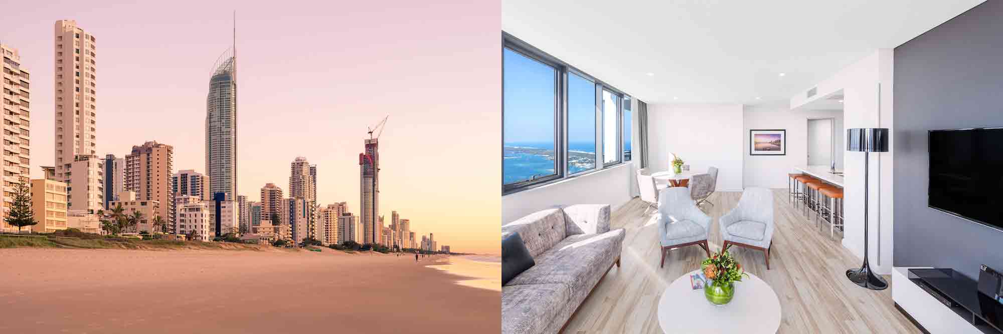 (l)Gold Coast, Australia - (r)Meriton Suites Southport — Photo by Booking.com