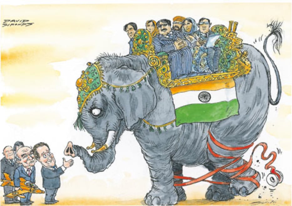 This cartoon by David Simonds from The Guardian shows Cameron greeting an elephant, symbolizing India. Riding on the elephant are a group of Indian politicians and business people (note the factory).  — Photo by Mogul Hospitality Corp