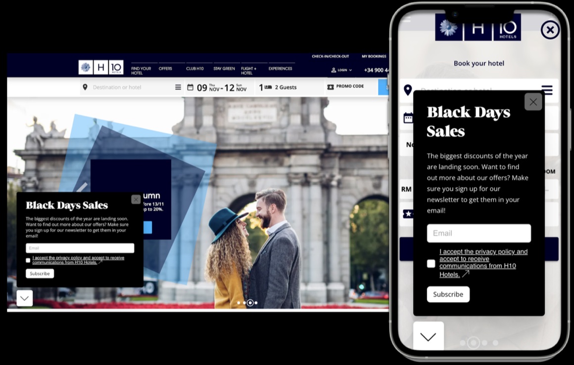Pre-Black Friday Layer encouraging users to subscribe to the newsletter — Photo by The Hotels Network