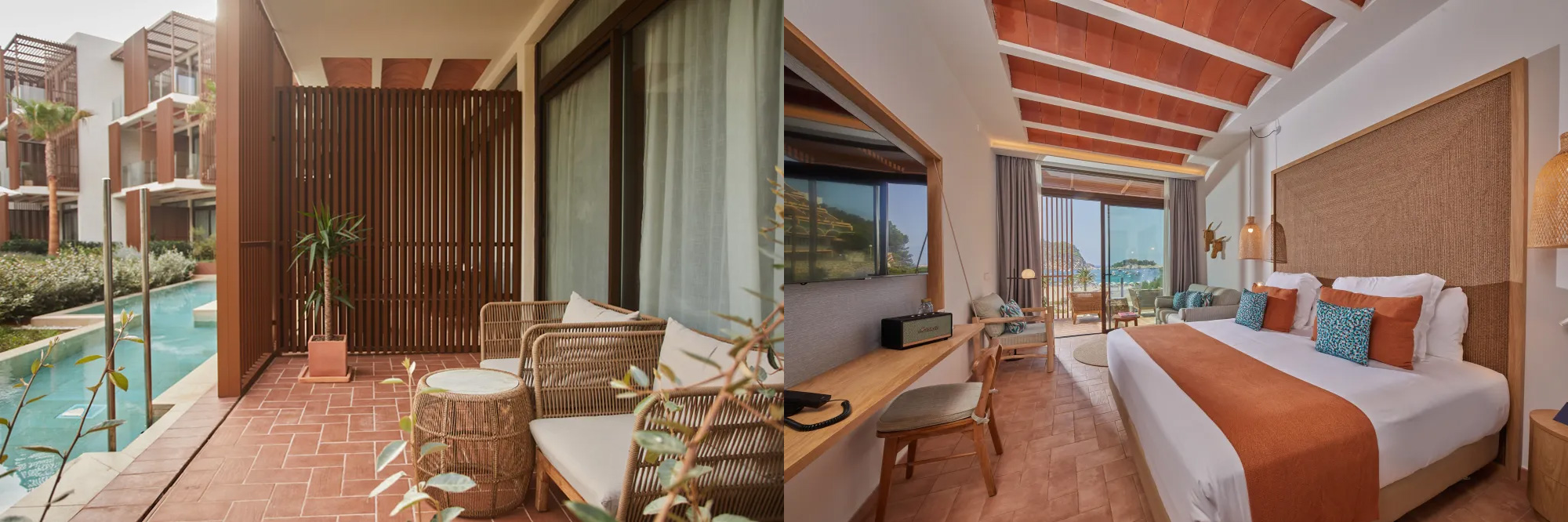 The Club Cala San Miguel Hotel Ibiza, Curio Collection by Hilton - Pool Terrace and Guest Room— Photo by Hilton