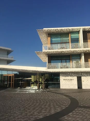 Bvlgari Resort, Dubai, exterior with ‘brise soleil’— Source: ©Suzanne Godfrey