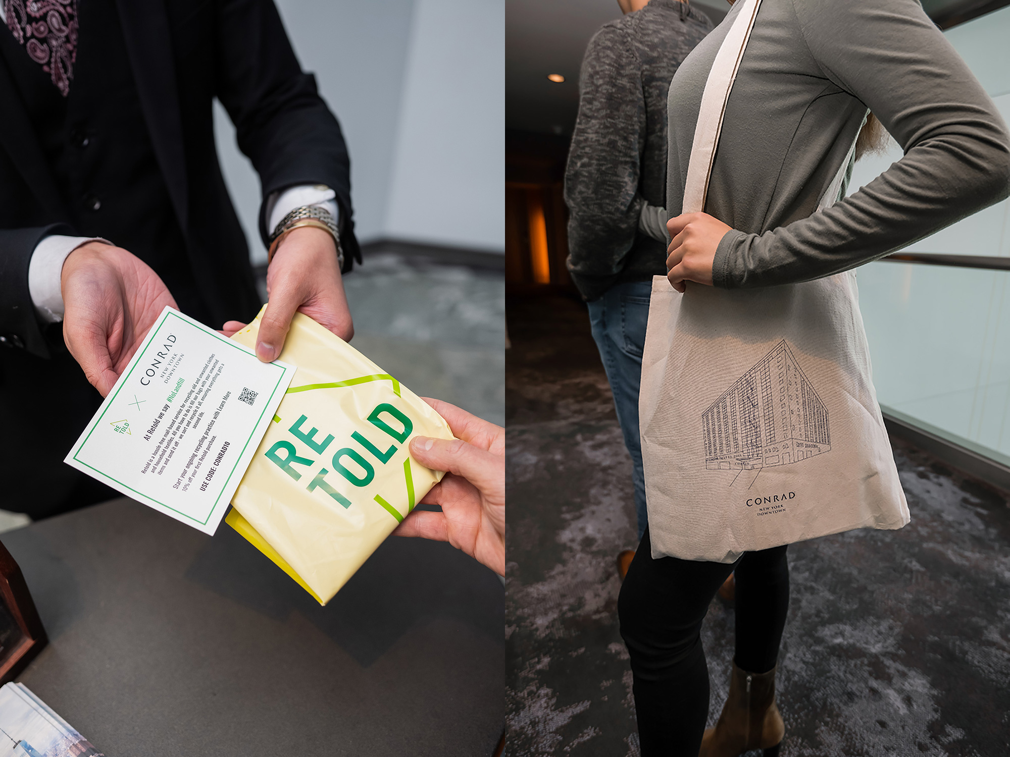 (l) Conrad New York Downtown’s Partnership with Retold Recycling - (r) Conrad New York Downtown’s Sustainable Reusable Tote — Photo by Hilton