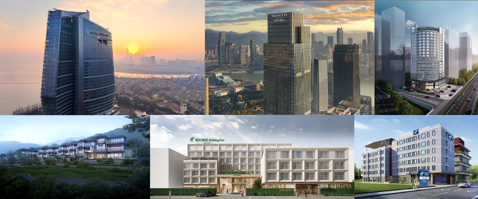 Top row from left to right: InterContinental Huzhou South Taihu, TFT Chongqing Vignette Collection, Atwell Hefei Downtown. Bottom row from left to right: Holiday Inn Resort Ningbo Ninghai, Holiday Inn Jinan Daming Lake, Holiday Inn Express Nanjing Confucius Temple  — Photo by IHG