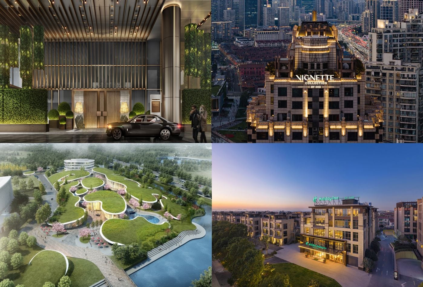 Top row from left to right: InterContinental Taipei, THE ONE Shanghai Downtown Vignette Collection. Bottom row from left to right: Kimpton Shanghai 9 Tree Art Center, Holiday Inn Shanghai Tourism Zone  — Photo by IHG