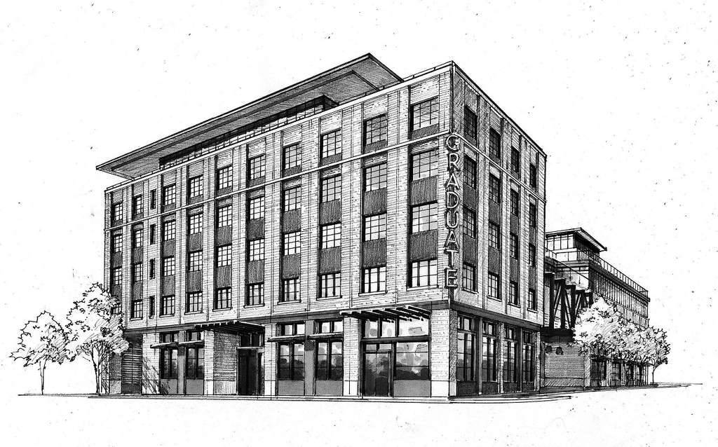 The six-story, 150-room ground-up hotel development, opening in late 2018, is located on Kirkwood Avenue
between Washington and Lincoln Streets, just steps away from Indiana University’s Sample Gates. Graduate
Bloomington offers approximately 8,500 square feet of indoor and outdoor meeting and event space, 5,500 square
feet of ground-floor retail space, a fitness center and corner cafe, the ideal destination for IU visitors, business and
leisure travelers, and locals alike.
— Photo by AJ Capital Partners