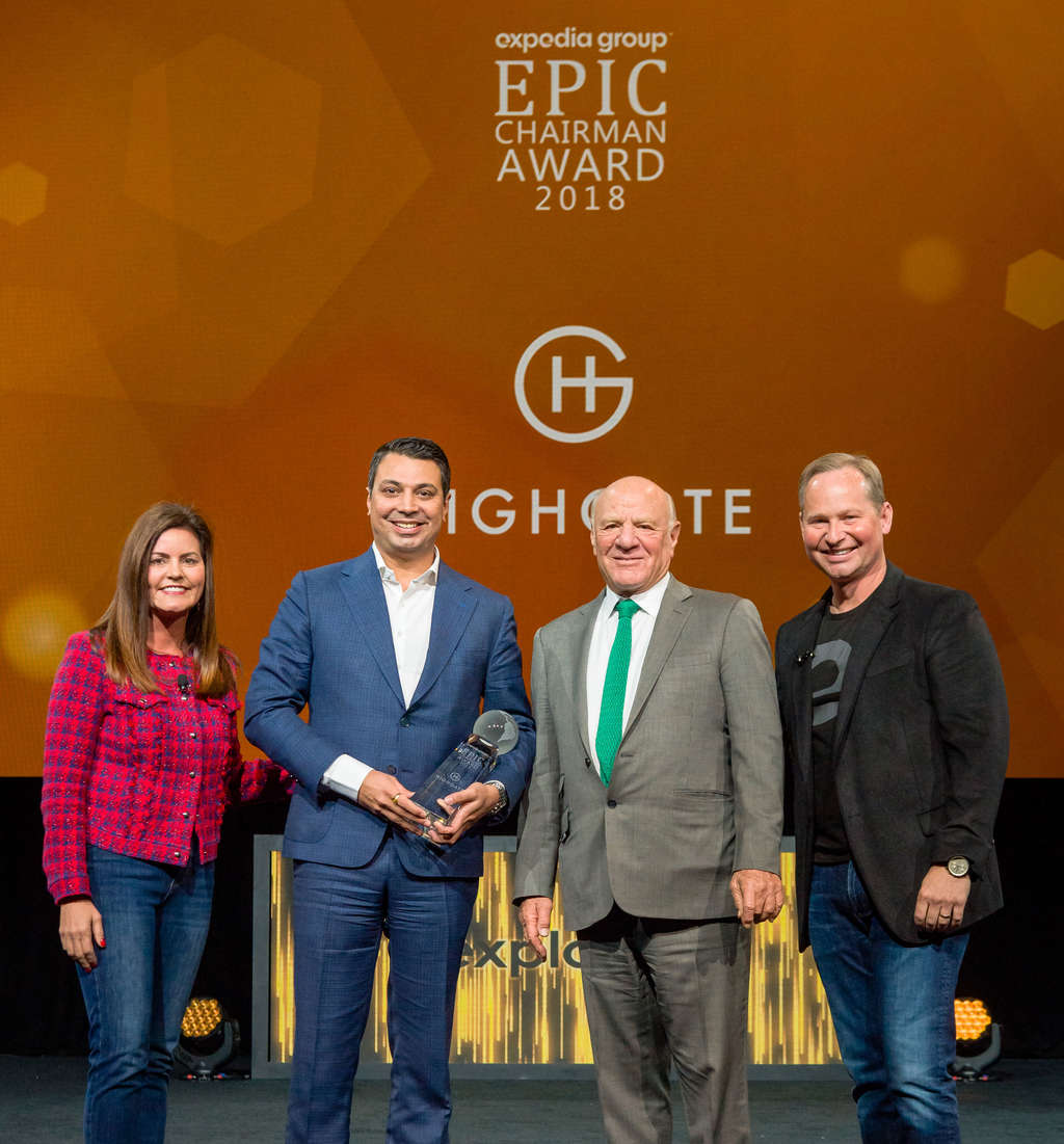 From left to right: Melissa Maher, senior vice president, marketing and innovation Expedia Group, Highgate Chief Revenue Officer Ankur Randev, Barry Diller, chairman and senior executive Expedia Group, Mark Okerstrom, president and chief executive officer Expedia Group
 — Photo by Highgate Hotels, L.P. 