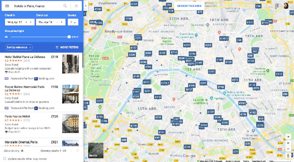 Booking.com bidding on the 'Featured offer' slots for this Google Maps search — Photo by Triptease
