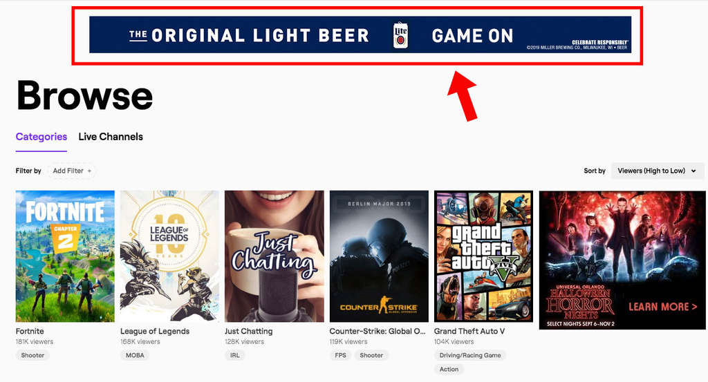 Twitch’s super leaderboard ad placement engages viewers as they’re searching for content.— Photo by MDG Advertising