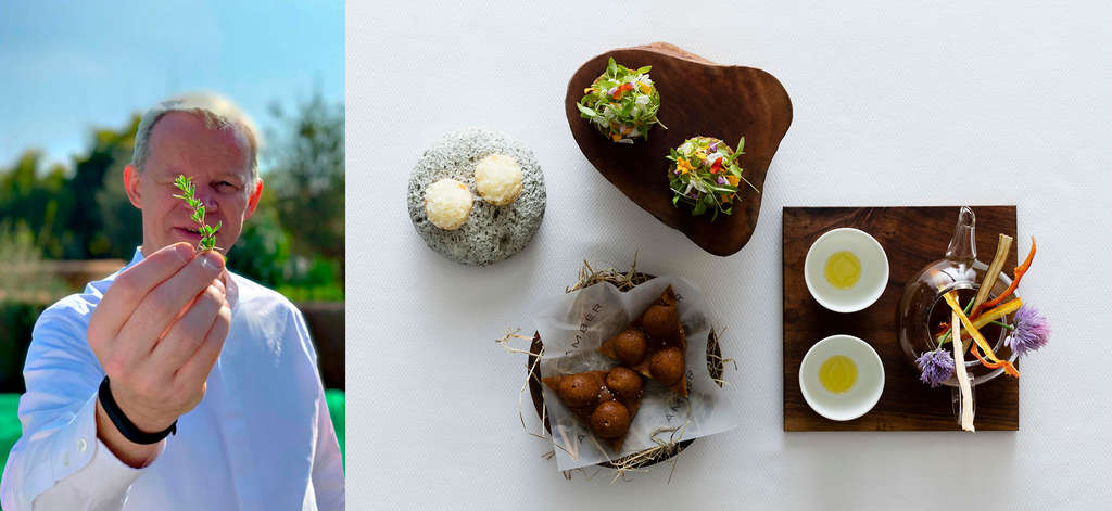 Richard Ekkebus, Culinary Director at The Landmark Mandarin Oriental, Hong Kong (Left) and his creation at Amber (right) — Photo by Mandarin Oriental