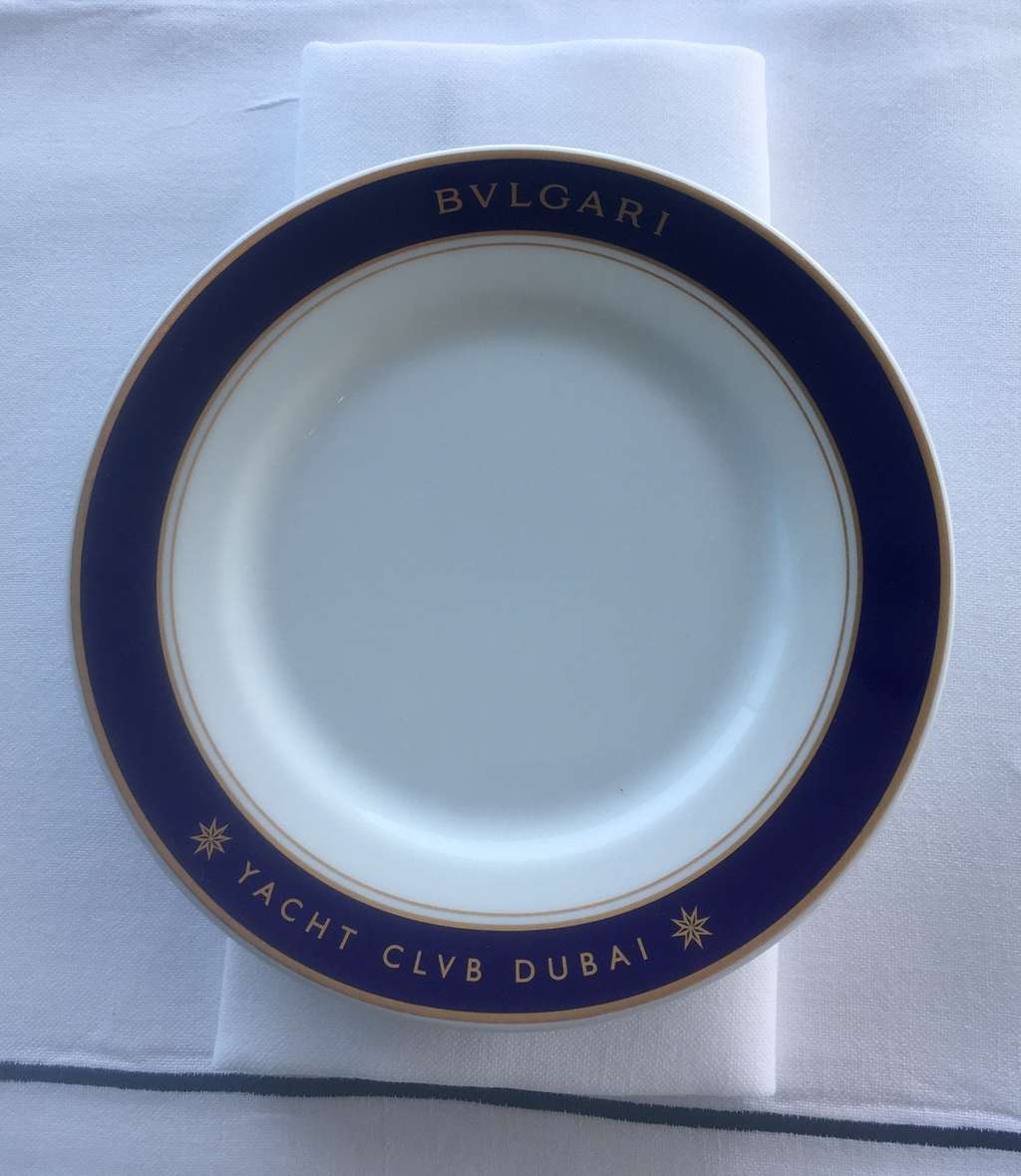 Branded chinaware at Bvlgari Yacht Club Dubai — Photo by Copyright Suzanne Godfrey