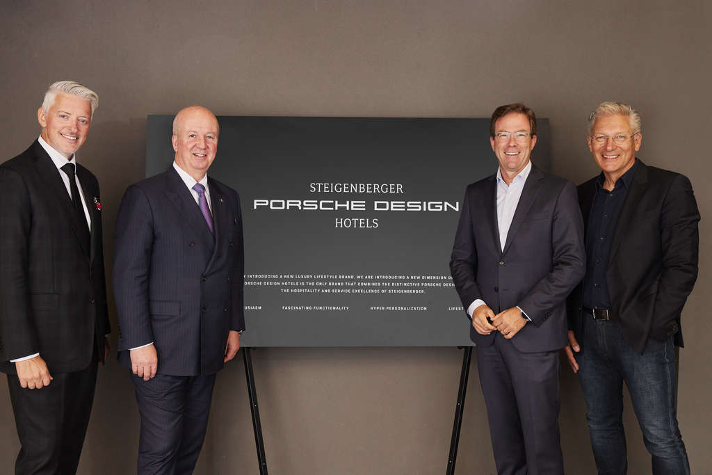 Justin Wells, Designer and CEO Wells International, Marcus Bernhardt, CEO Steigenberger Hotels AG/Deutsche Hospitality, Dr. Jan Becker, CEO Porsche Design Group, Roland Heiler, Chief Design Officer Porsche Design Group (from left to right)— Photo by Image source: Steigenberger Hotels AG/Porsche Design Group