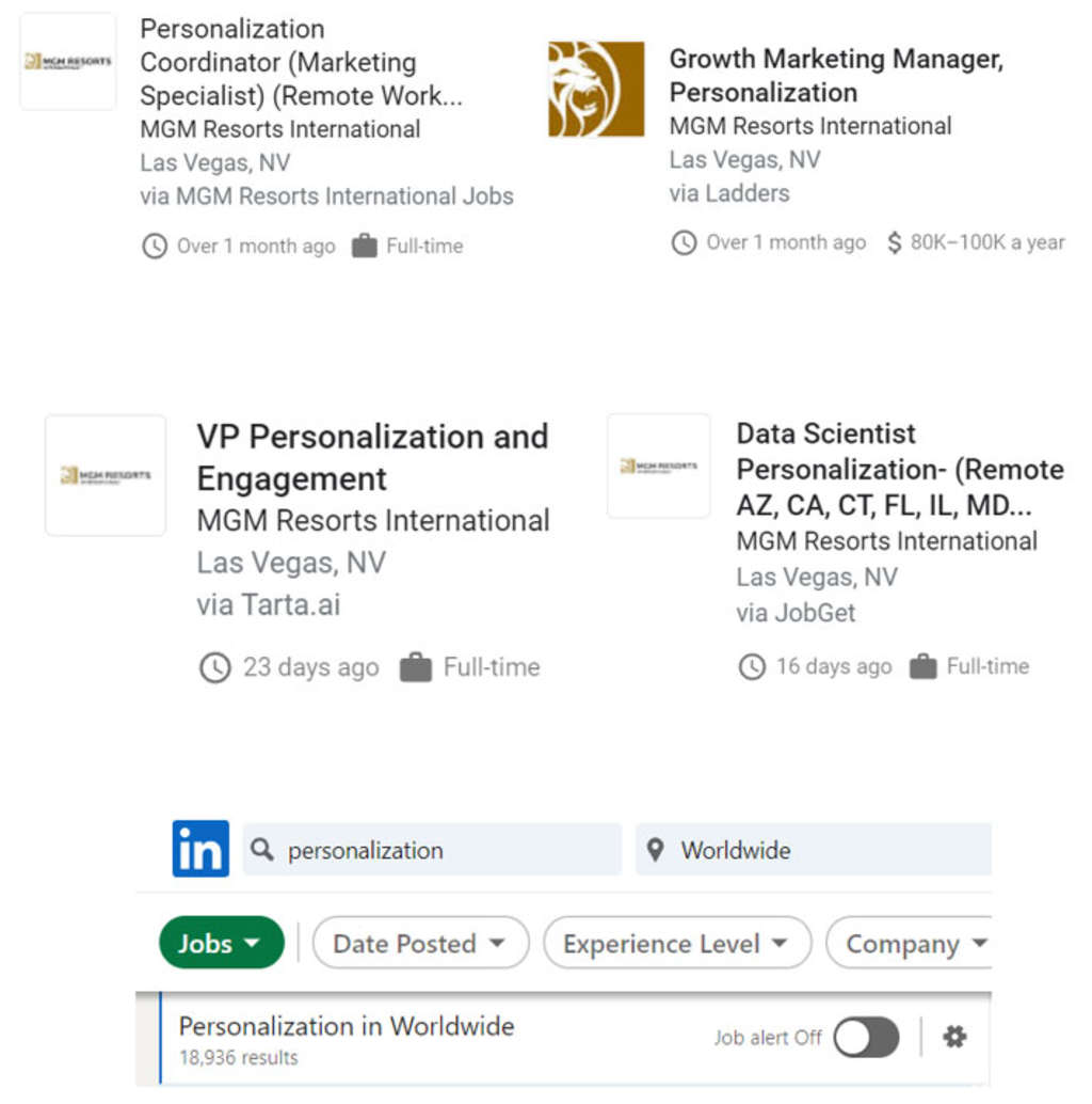 Examples of MGM Resorts International Careers dedicated to personalization – around 18K jobs worldwide dedicated to 
personalization on LinkedIn Job Search— Source: