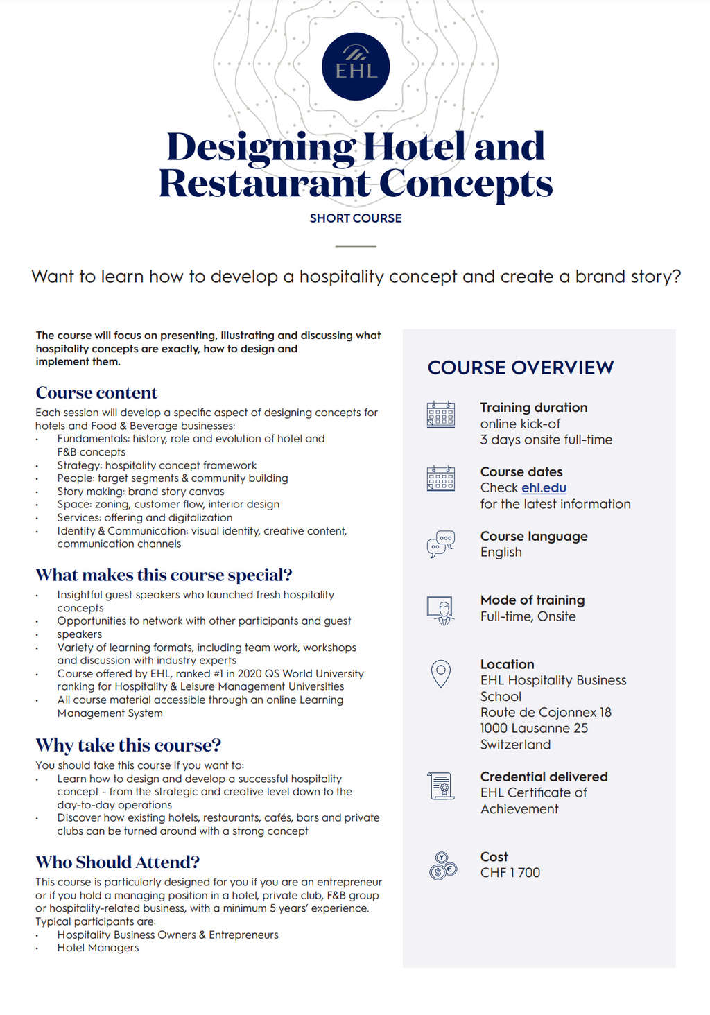 Short 3-Day Course at EHL Hospitality Business School: Designing Hotel and Restaurant Concepts— Photo by EHL