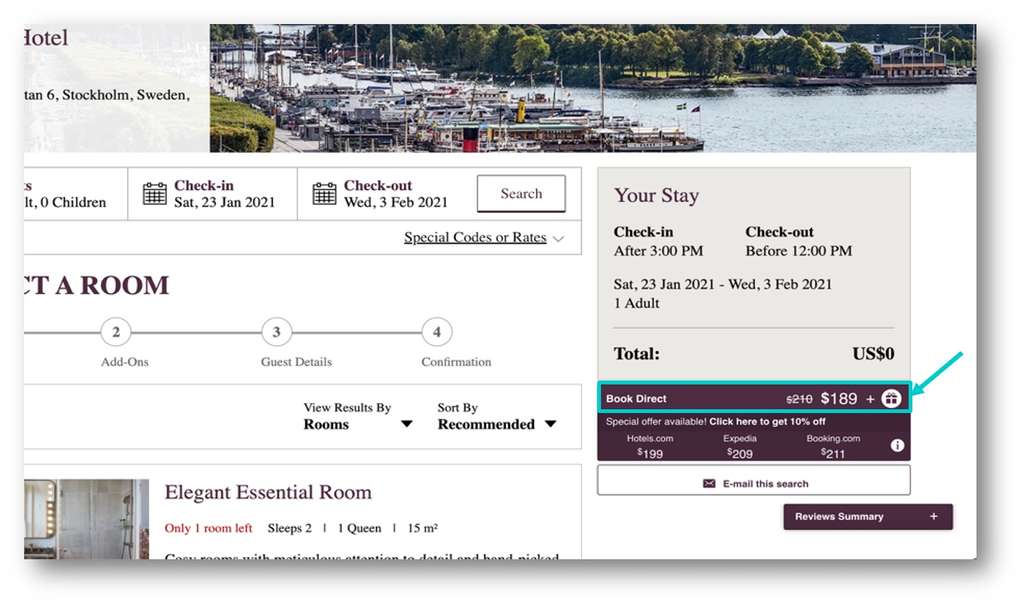 Price Match inliner showing rates at competing sites vs. your best offer — Photo by The Hotels Network