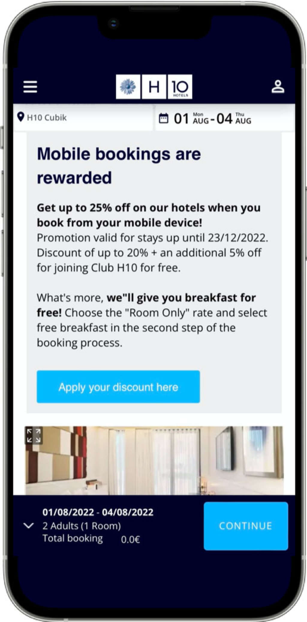 Example of a mobile-only offer displayed via an Inliner  — Photo by The Hotels Network