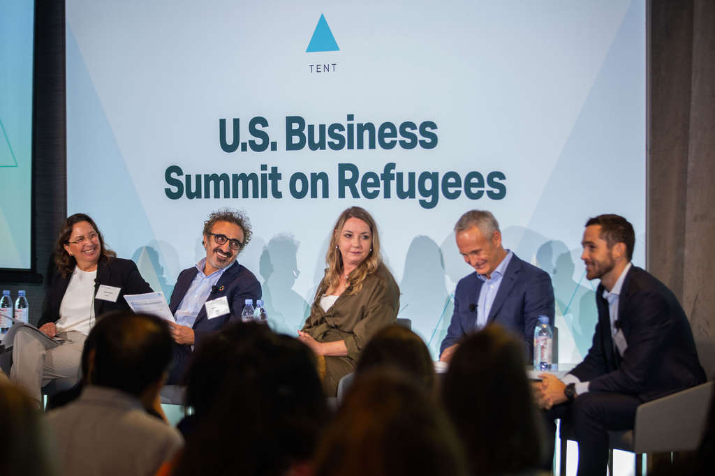 From left, Janet Saura of Amazon, Hamdi Ulukaya of Tent and Chobani, Rachel Russell of Hilton, Jonas Prising of ManPower Group and John R. Tyson of Tyson Foods discuss strategies for welcoming refugees into the U.S. workforce during Tent’s U.S. Business Summit on Refugees in New York.— Photo by Hilton