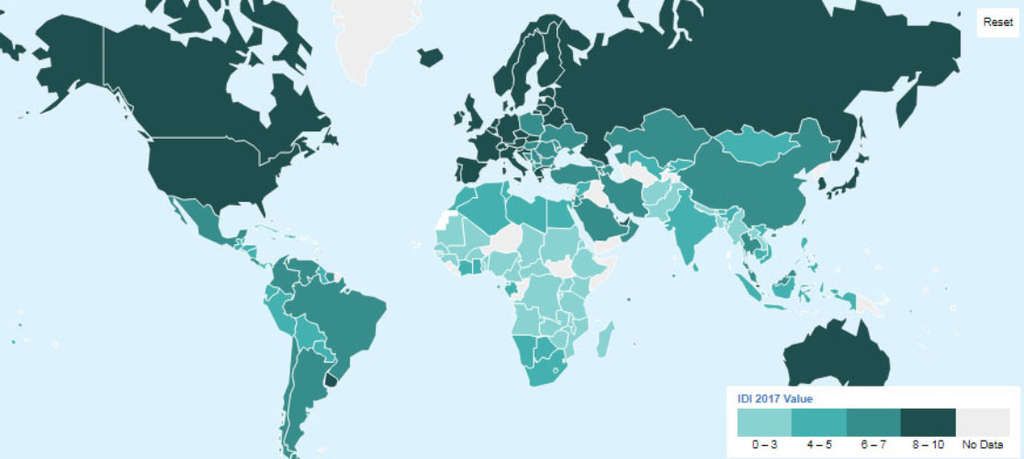 IDI map by ITU as of 2017 shows discrepancy in ICT development Index across countries. — Photo by Hoteza