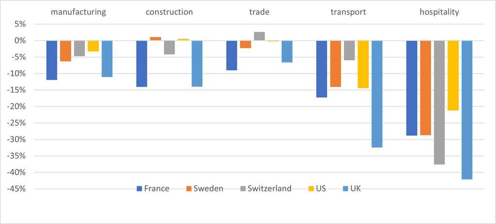 Figure 3: Growth rates by country and by sector in 2020. Source: Individual countries’ statistical offices.— Source: EHL