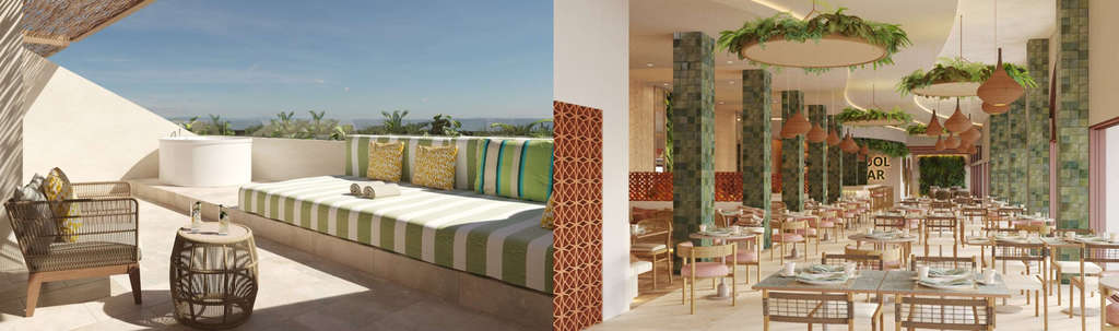 Cala San Miguel Hotel Ibiza, Curio Collection by Hilton - Guest Room Terrace and Restaurant— Photo by Hilton